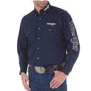 Wrangler Men’s Western Logo Long Sleeve Button Down Solid Shirt - Navy
