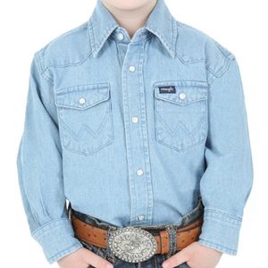 Wrangler Boy's Stonewashed Denim Long Sleeve Solid Snap Shirt - Stonewash