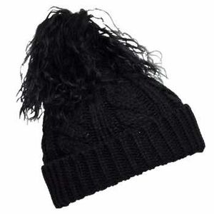 Crown Cap Women's Knit Hat with Lamb Pom - Black