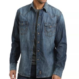Wrangler Men's Retro Long Sleeve Blue Denim Western Shirt