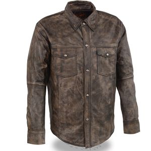 Milwaukee Leather Men's Lightweight Leather Snap Front Shirt- Distressed Brown