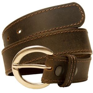 Keldon Women's Leather Belt with Stitched Edge  Oval Belt Buckle - Distressed Brown