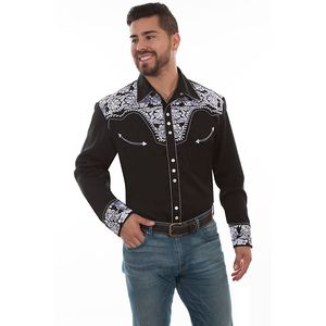 Scully Men's Floral Tooled Western Shirt (P-634) - Black/White