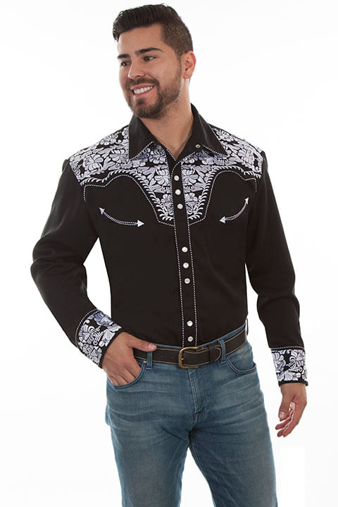 Scully-Men-s-Floral-Tooled-Western-Shirt---Black-White