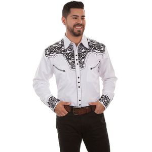 Scully Men's Floral Tooled Western Shirt (P-634)- White/Black