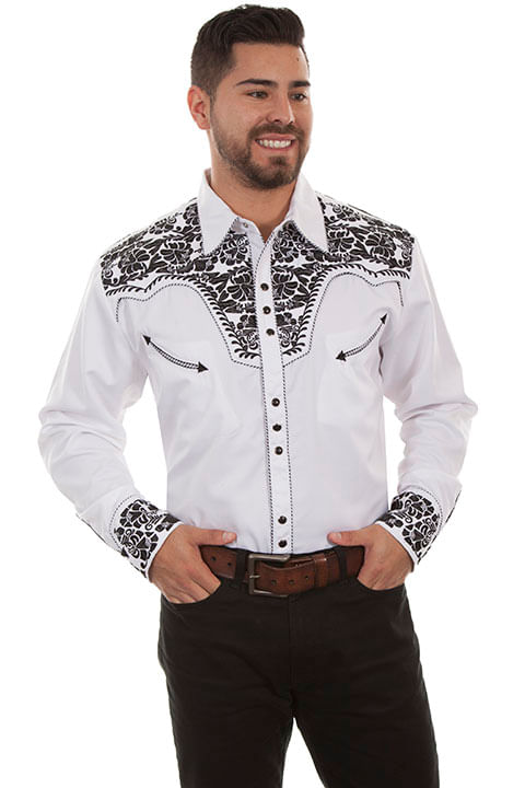 Scully-Men-s-Floral-Tooled-Western-Shirt---White-Black