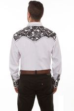 Scully-Men-s-Floral-Tooled-Western-Shirt---White-Black