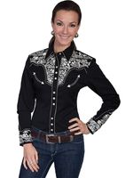 Scully-Women-s-Floral-Embroidered-Western-Shirt---Black-Silver