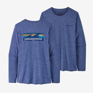 Patagonia Women's Long-Sleeve Cap Cool Graphic Shirt - Boardshort Logo: Current Blue X-Dye