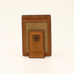 Ariat Mens Logo Leather and Canvas Bifold Money Clip