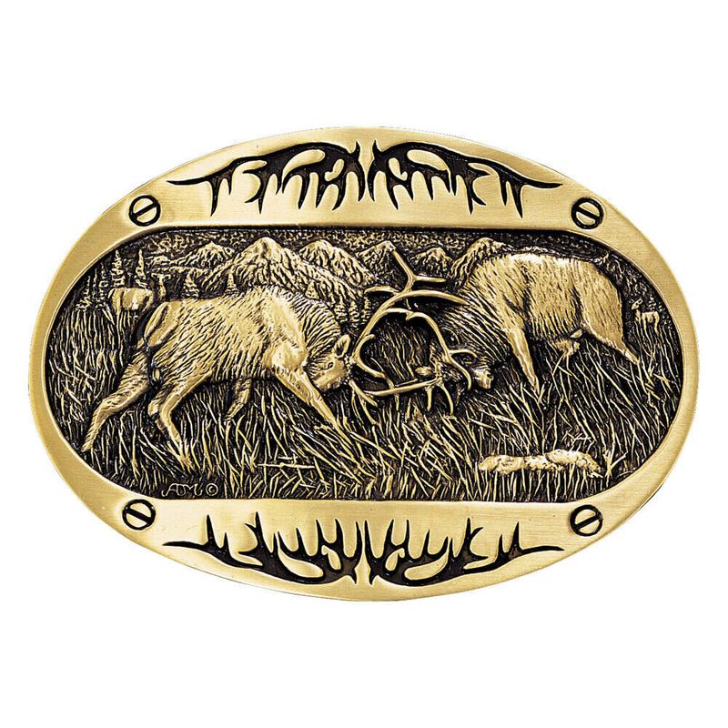 Montana-Silversmiths-Fighting-Elk-Brass-Heritage-Attitude-Belt-Buckle--60800C-