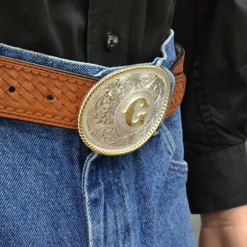 Initial A Silver Engraved Gold Trim Western Belt Buckle