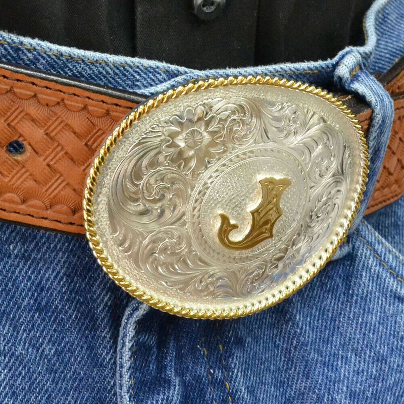 Montana-Silversmiths-Initial-J-Silver-Engraved-Gold-Trim-Western-Belt-Buckle--700J-