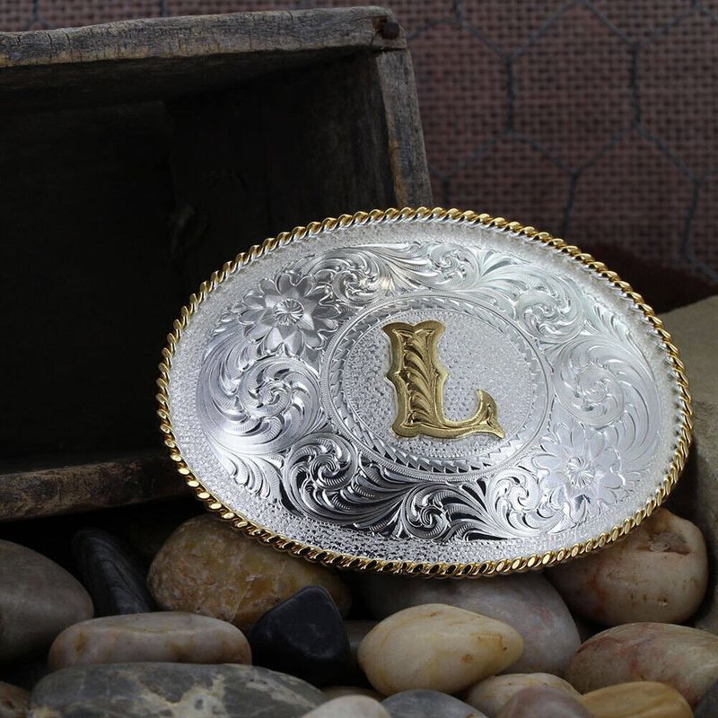 Initial Silver Engraved Gold Trim Western Belt Buckle