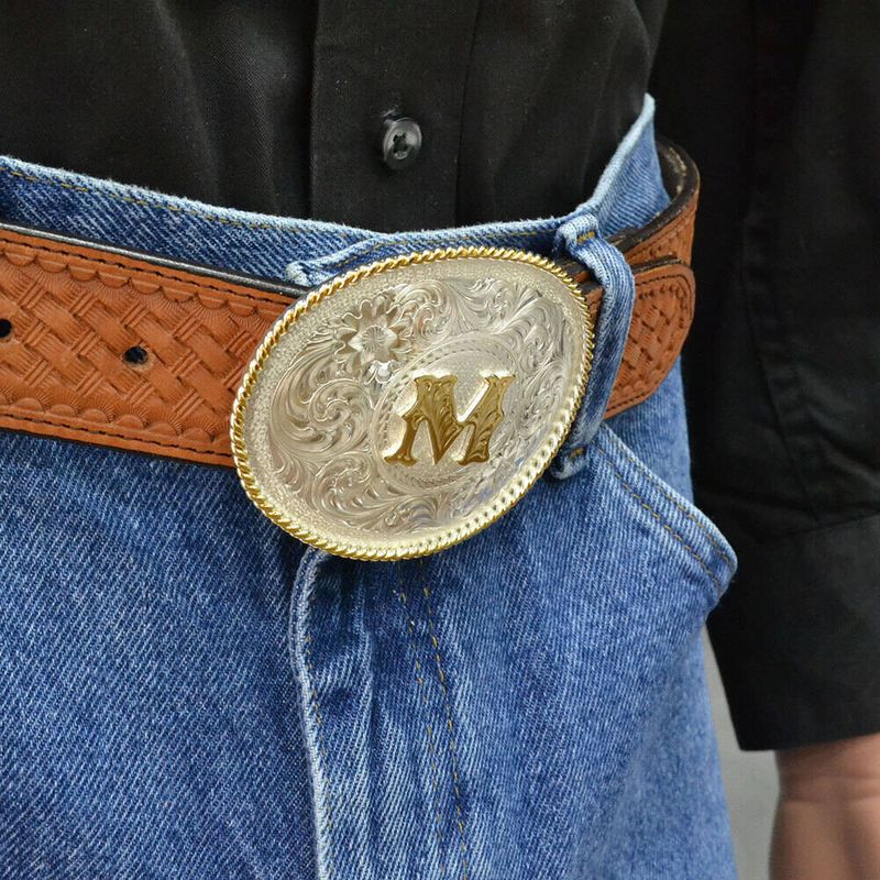 Montana Silversmiths Initial M Silver Engraved Gold Trim Western Belt Buckle 700M