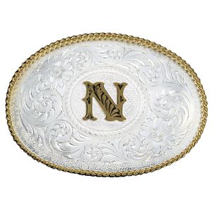 Montana Silversmiths Initial N Silver Engraved Gold Trim Western Belt Buckle (700N)