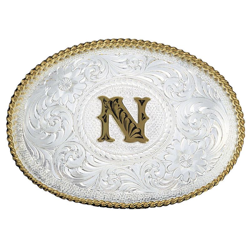 Montana-Silversmiths-Initial-N-Silver-Engraved-Gold-Trim-Western-Belt-Buckle--700N-