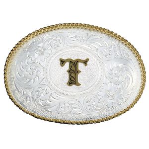 Montana Silversmiths Initial T Silver Engraved Gold Trim Western Belt Buckle (700T)