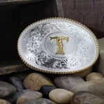 Initial A Silver Engraved Gold Trim Western Belt Buckle