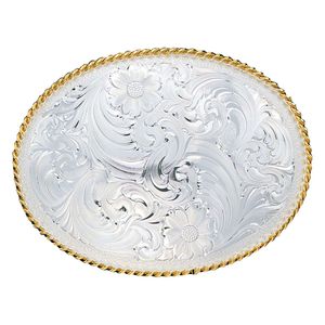 Montana Silversmiths Large Silver Engraved Western Belt Buckle with Gold Trim (840)