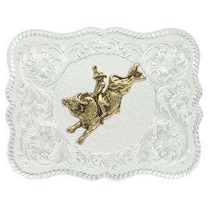 Montana Silversmiths Scalloped Silver Western Belt Buckle with Bull Rider (61669-528)