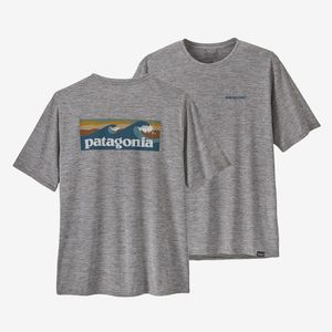 Patagonia Men's Capilene Cool Daily Graphic Short Sleeve Shirt - Waters Boardshort Logo Abalone Blue: Feather Grey