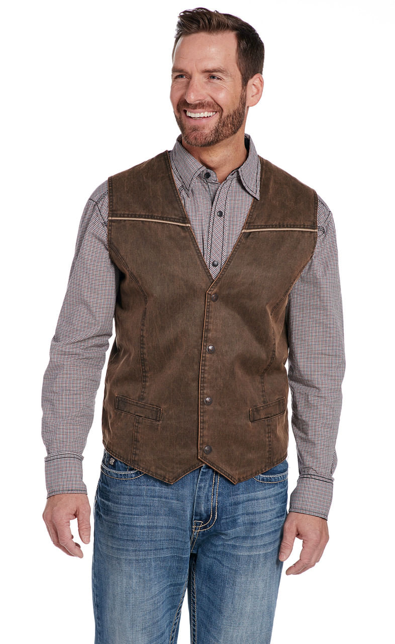 Cripple-Creek-Men-s-Enzyme-Washed-Cogton-Snap-Front-Vest-with-Cord-Piping-Accent---Chocolate