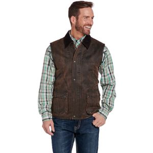 Cripple Creek Men's Enzyme Washed Cotton Snap & Zip Front Vest with Cord Collar, Faux Leather Trim - Pinecone