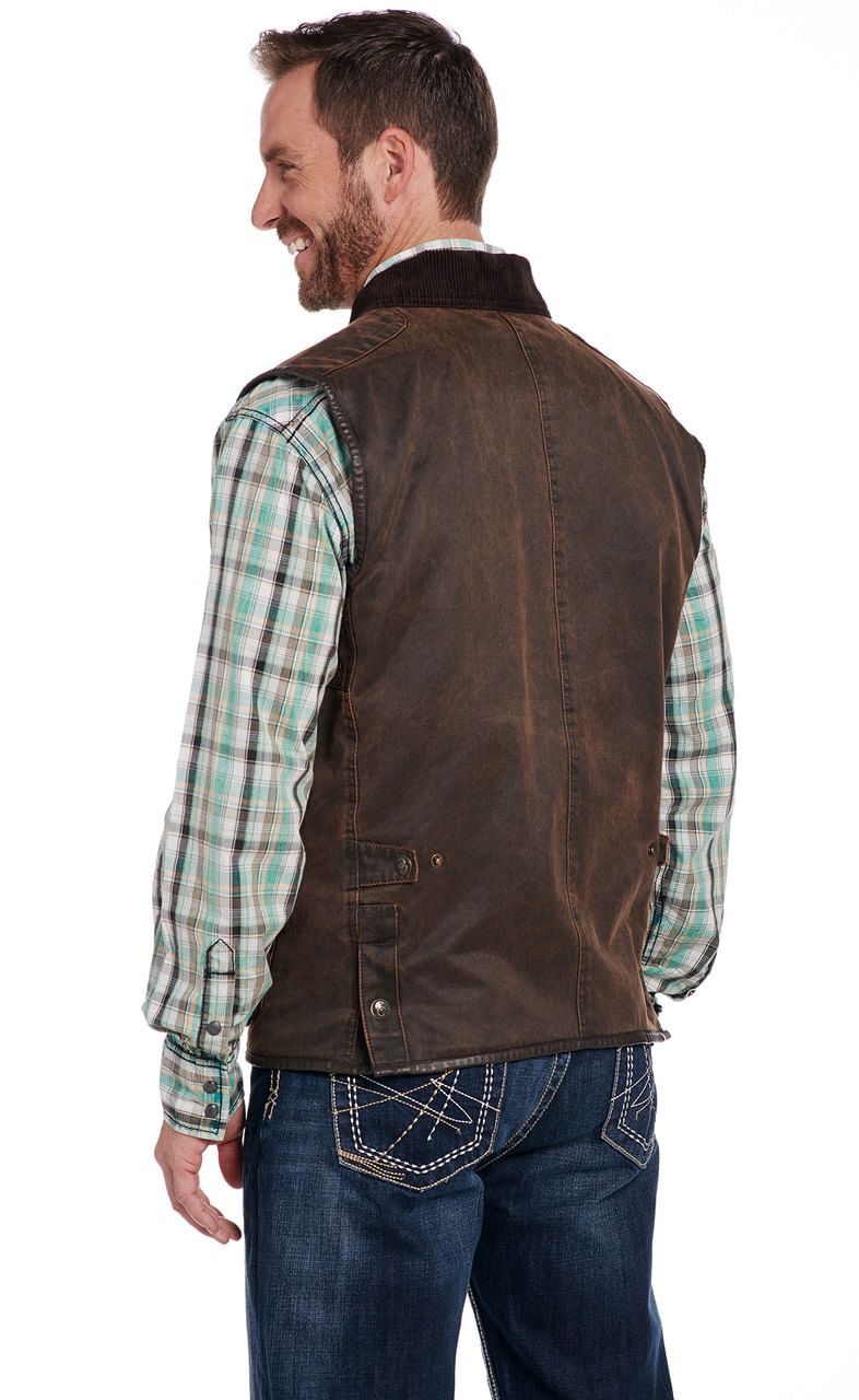 Cripple-Creek-Men-s-Enzyme-Washed-Cotton-Snap---Zip-Front-Vest-with-Cord-Collar-Faux-Leather-Trim---Pinecone