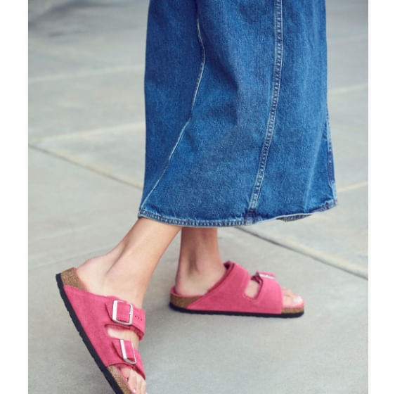 BIRKENSTOCK Arizona Shearling Suede Leather Shearling Fuchsia Tulip Two Strap Sandals
