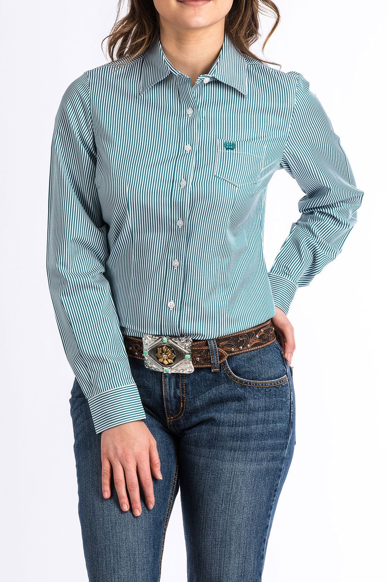 Cinch Women s Long Sleeve Tencel Shirt Teal Stripe