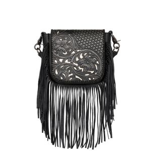 Montana West Genuine Leather Tooled Collection Fringe Crossbody - Black