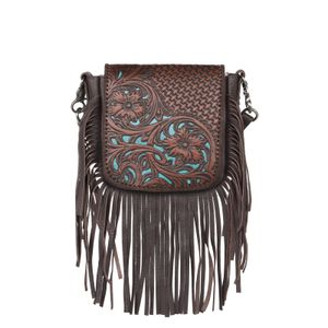 Montana West Genuine Leather Tooled Collection Fringe Crossbody - Coffee