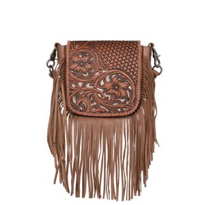 Montana West Genuine Leather Tooled Collection Fringe Crossbody - Brown