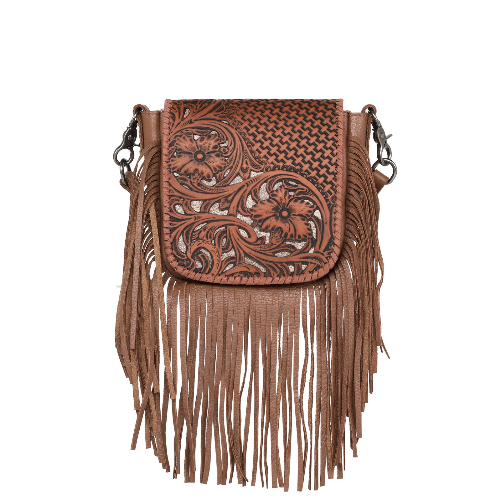 Montana West Genuine Leather Tooled Fringe Crossbody Bag Brown