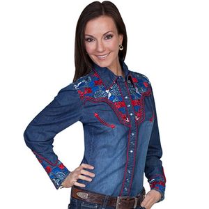 Scully Women's Colorful Floral Embroidered Shirt (PL-654C)- Denim