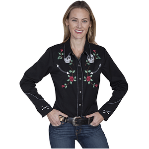 Scully Women's Skull/Rose Embroidered Western Shirt (PL-771) -  Black