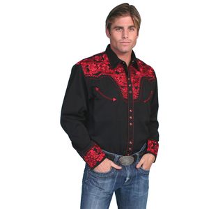 Scully Men's Floral Tooled Western Shirt (P-634) - Crimson