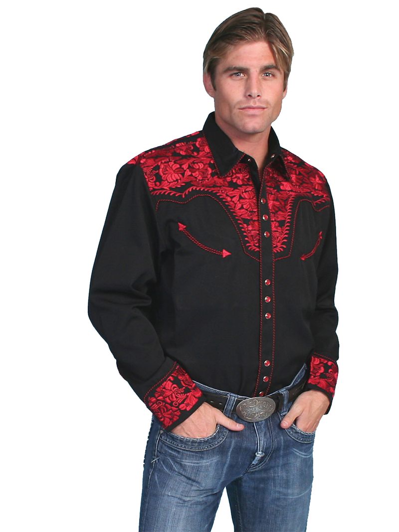 Scully-Men-s-Floral-Tooled-Western-Shirt--P-634----Crimson