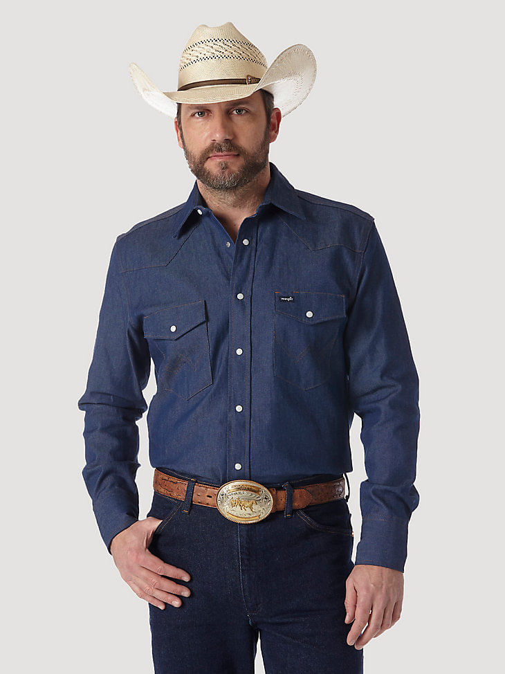 Wrangler Men's Cowboy Cut Firm Finish Long Sleeve Western Snap Solid Work  Shirt - indigo Denim