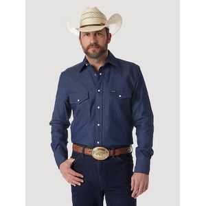 Wrangler Men's Cowboy Cut Firm Finish Long Sleeve Western Snap Solid Work Shirt - indigo Denim
