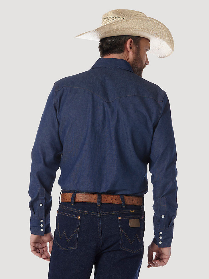 Wrangler Men's Cowboy Cut Firm Finish Long Sleeve Western Snap Solid Work  Shirt - indigo Denim