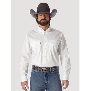 Wrangler Men's Painted Desert Long Sleeve Button Down Lightweight Sold Twill Shirt - White
