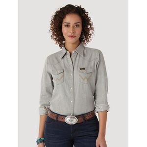 Wrangler Women’s Long Sleeve Western Snap W Stitching on Pocket Denim Shirt - Denim Grey