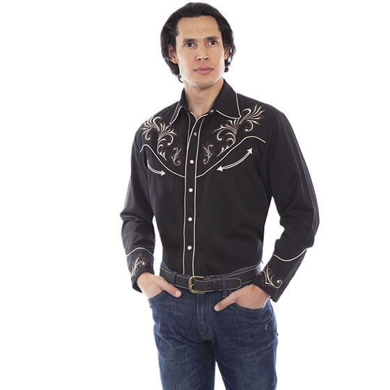 Scully Men's Long Sleeve Embroidered Western Shirt (P-870) - Black M LS EMBROID SCROLL SHIRT-BLK Black L