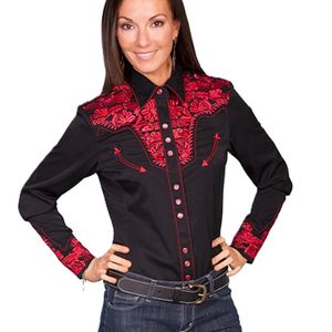 Scully Women's Long Sleeve Floral Embroidery Western Shirt (PL-654) - Crimson