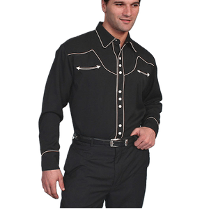 Scully Men's Long Sleeve Solid Western Shirt with Piping (P-620) - Black/Cream