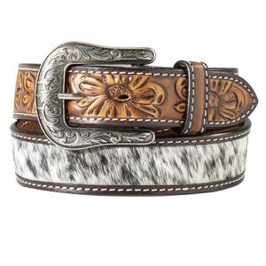 Angel Ranch Women's 1-1/2" Spotted Calf Hair Sunflowers Belt with Engraved Buckle - Brown