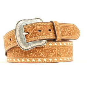 Nocona Men's Tooled and Buck Stitched Belt (N2497444) - Medium Distressed Brown