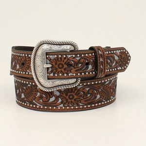 Nocona Brown Floral Pierced/Light Blue Underlay Western Belt (N210004802)